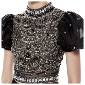 Alice + Olivia Black and Silver Embellished Puff Sleeve Blouse